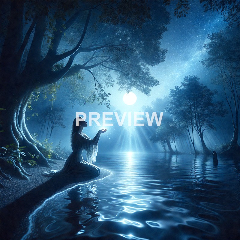 A woman is kneeling by the water in a moonlit forest, with her hands raised as if in prayer or meditation, surrounded by tall trees and a bright full moon casting rays across the scene.